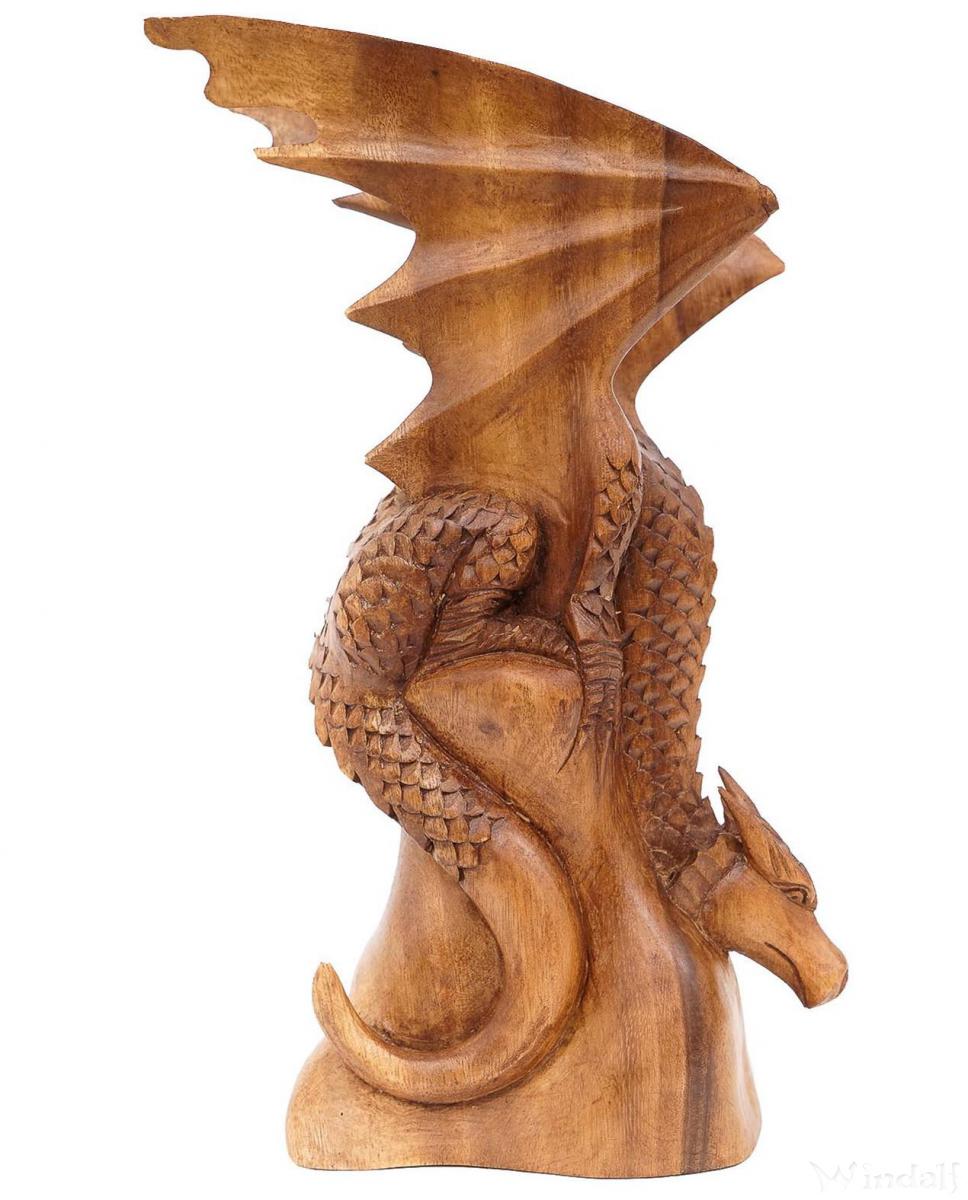 WINDALF Wikinger Holzfigur DUNCAN 30 Cm Drache Auf Fels Handarbeit Aus