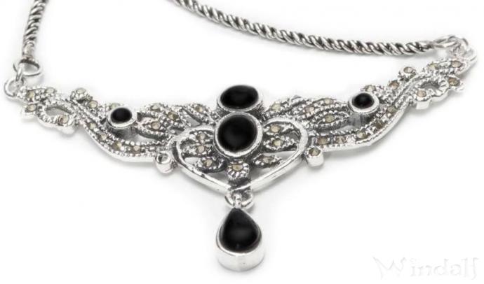 WINDALF Damen Collier MUNIA Trachtenschmuck mit schwarzem Onyx Gothic Halsschmuck Vintage Silber - Windalf.de