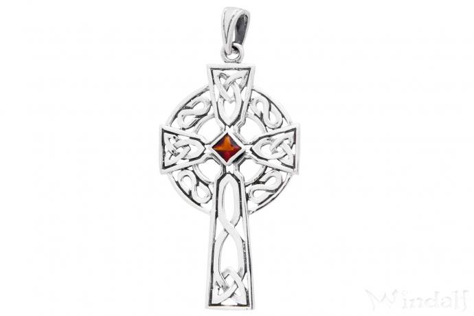 WINDALF Irischer Schmuck Anhänger ARCANA 5.3 cm Keltisches Kreuz Roter Kristall Silber - Windalf.de