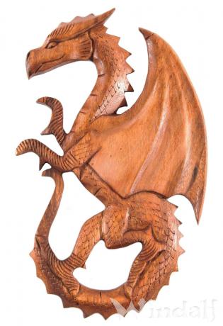 WINDALF Vikings Holzbild SAPHIR 29 cm Links schauendes Drachen-Wandrelief Handarbeit aus Holz - Windalf.de