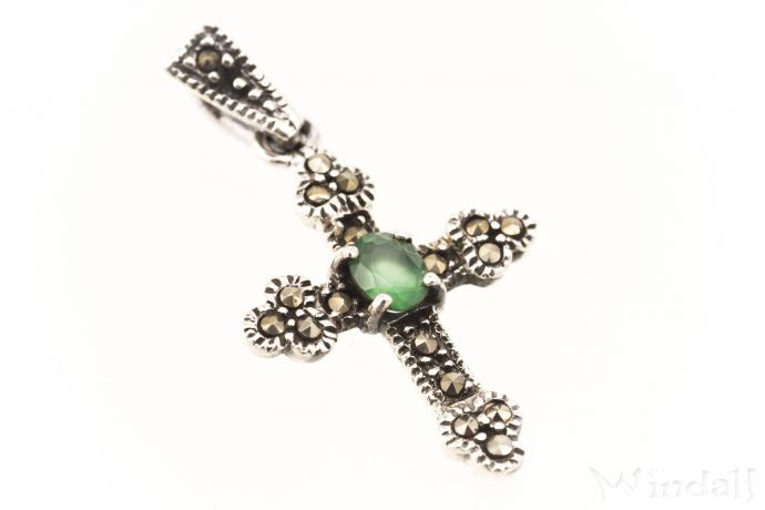 WINDALF Kleiner Kreuz-Anhänger LÀRA 3.2 cm Grüner Kristall Silber - Windalf.de