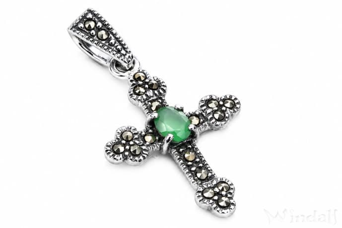 WINDALF Kleiner Kreuz-Anh&auml;nger L&Agrave;RA 3.2 cm Gr&uuml;ner Kristall Silber - Windalf.de