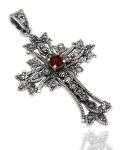 WINDALF Vintage Amulett Kreuz ACANTHA h: 5 cm Roter Stein Kreuzschmuck Antik Silber - Windalf.de