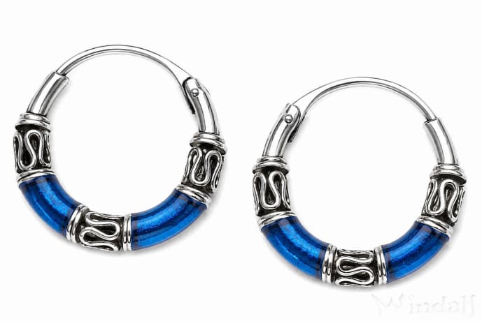 WINDALF Zarte Vintage Creolen NANIKA &Oslash; 14 mm Ozean Blau mit Ornamentik Ohrringe Silber - Windalf.de
