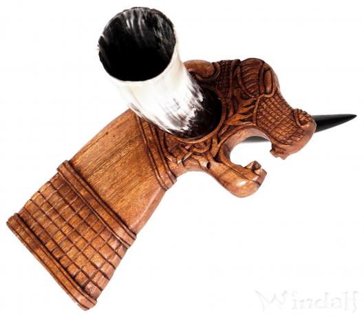 WINDALF Wikinger Trinkhornständer OSEBERG 25 cm Skandinavischer Drachen Kopf Handarbeit Holz - Windalf.de