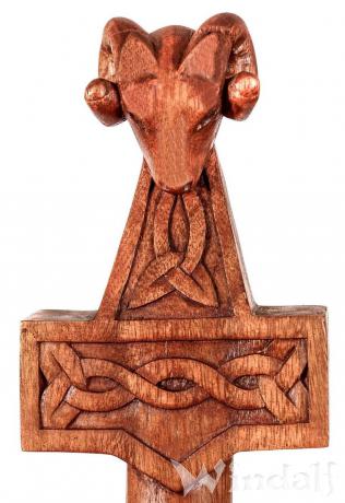 WINDALF Wikinger Wanderstab MJÖLNAR 130 cm Thorshammer Widderkopf Handarbeit aus Holz - Windalf.de
