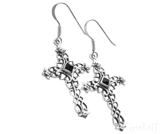 WINDALF Mittelalter Ohrhänger LUCAN 4.9 cm Gotischer Kreuzschmuck mit Onyx Silber - Windalf.de