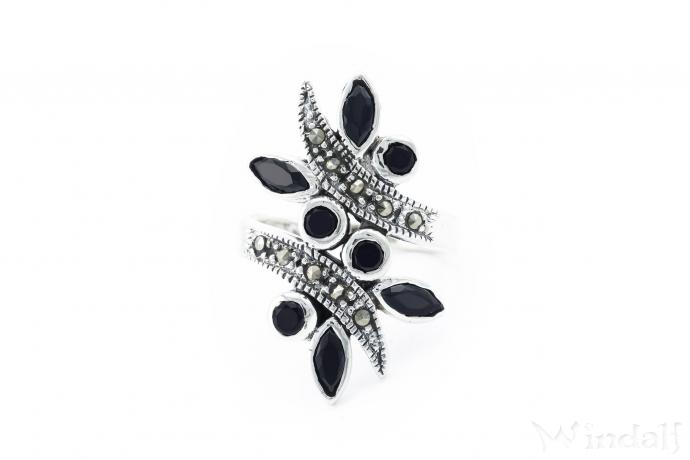 WINDALF Langer Damen Ring IDUNA 28 mm Elfentanz Schwarzer Stein Gothic-Schmuck Silber - Windalf.de