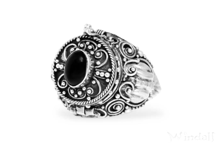 WINDALF Mittelalter Giftring ARONA 18 mm Schwarzer Onyx Handarbeit Silber - Windalf.de