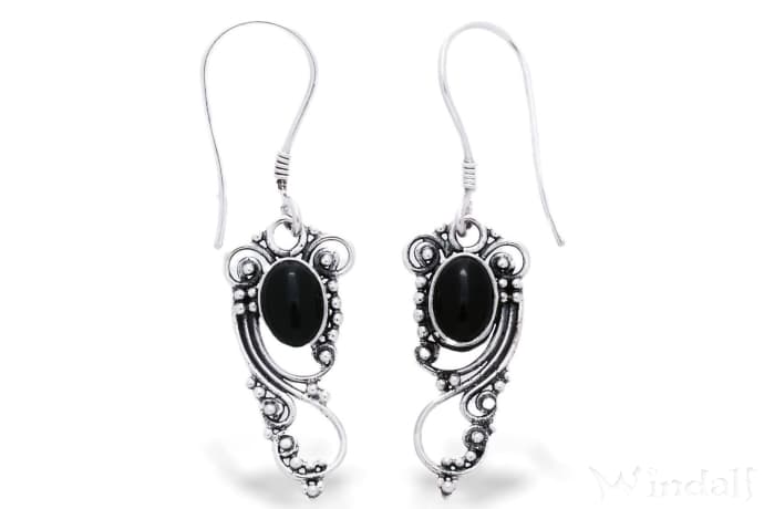 WINDALF Bohemia Damen Ohrhänger LASIA 3.8 cm Schwarzer Onyx Handarbeit Silber - Windalf.de
