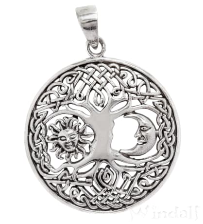 WINDALF Celtic Schmuck Anhänger BARA Ø 3 cm Lebens-Baum mit Sonne & Mond Silber - Windalf.de