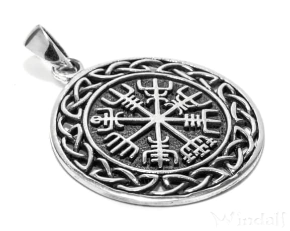 WINDALF Vegvisir Symbol Anhänger WINRAR Ø 3 cm Wikinger Kompass mit Knotenmuster Silber - Windalf.de