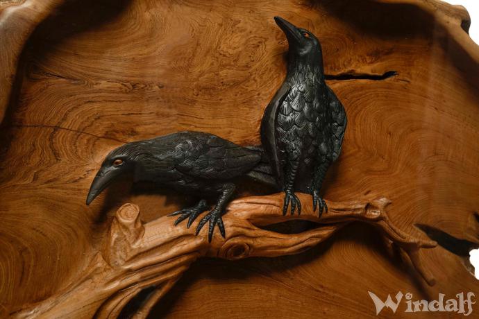 WINDALF Raben-Tisch mit Glasplatte HUGIN & MUNIN 121 cm Wohnzimmertisch Handarbeit aus Wurzelholz - Windalf.de