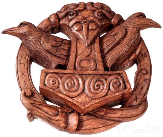 WINDALF Thorshammer Wandrelief HUGIN & MUNIN 24 cm Vikings Raben mit Runen Deko Handarbeit aus Holz - Windalf.de
