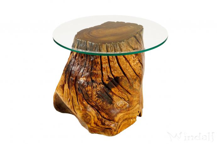 WINDALF Kleiner Couchtisch AZKA 60 cm Natur Abstelltisch mit Glas Handarbeit aus Wurzelholz - Windalf.de
