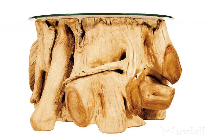 WINDALF Smarter Couchtisch SIMON Sonnwend 74 cm Natur Wohnzimmertisch mit Glasplatte Handarbeit aus Wurzelholz - Windalf.de