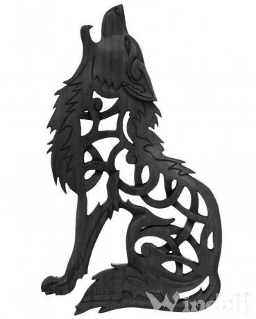 WINDALF Wolf Holzbild FENRIS 35 cm Vikings Wandrelief Schwarz Links schauend Handarbeit Holz - Windalf.de