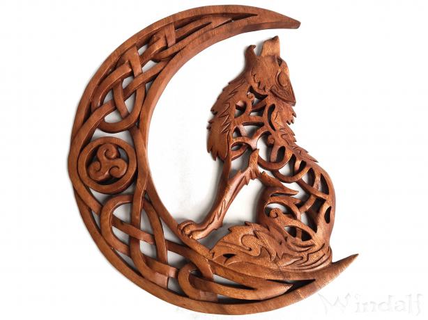 WINDALF Nordic Vikings Holzornament WOLF MOON 36 cm Wanddekoration Links Schauend Handarbeit Holz - Windalf.de