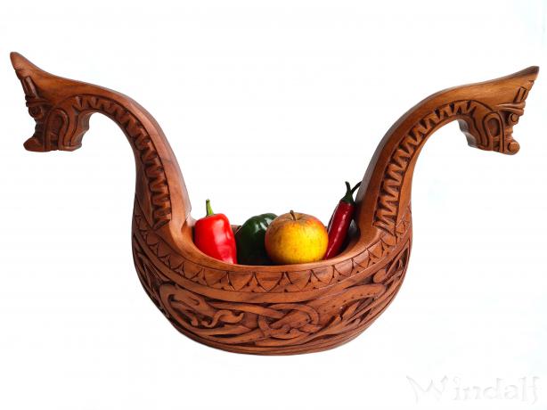 WINDALF Wikingerschiff ALVA 42 cm Holzschale mit Unendlichkeits-Knoten Handarbeit aus Holz - Windalf.de