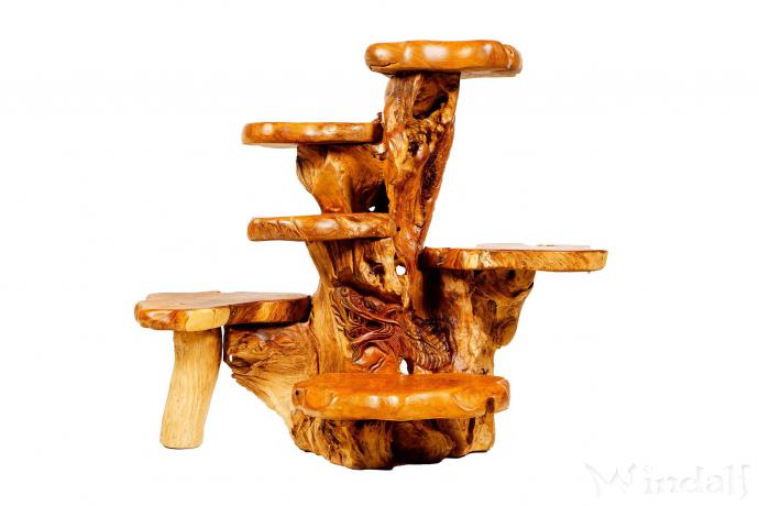WINDALF Rustikale Blumenbank Drachen FUCHUR 98 cm Natur Holzregal mit 6 Ablagen Handarbeit aus Wurzelholz - Windalf.de