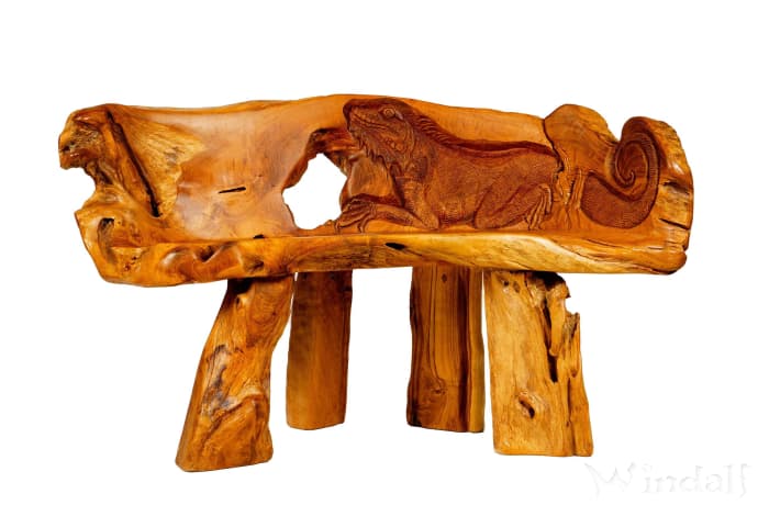 WINDALF Natur Sitzbank mit Leguan GLORIA 133 cm Garten Holzbank aus Teak Handgearbeitetes Unikat - Windalf.de
