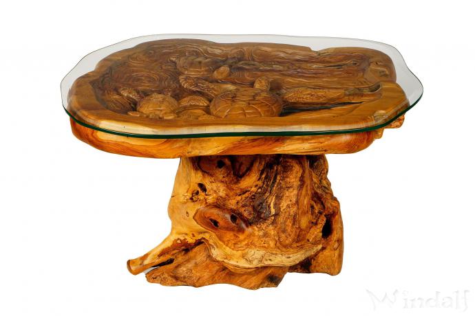 WINDALF Premium Schildkröten Couchtisch AINÄ 92 cm mit Glasplatte Handgearbeiteter Glücks Wohnzimmertisch - Windalf.de