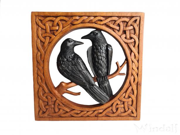 WINDALF Nordisches Holzbild HUGIN & MUNIN 30 cm Rabenbrüder im keltischen Rahmen Handarbeit aus Holz - Windalf.de