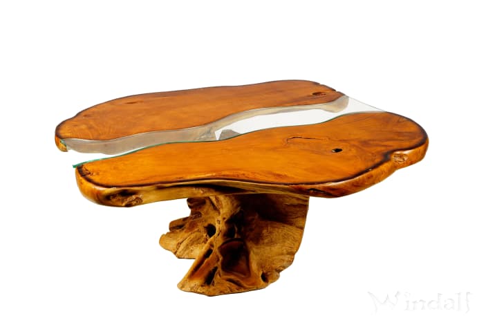 WINDALF Großer Couchtisch RIVER Rivertable 118 cm mit Glasplatte Handarbeit UNIKAT Teak - Windalf.de