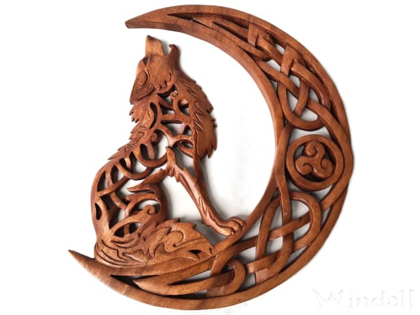 WINDALF Nordic Vikings Holzornament WOLF MOON 36 cm Wanddekoration Rechts Schauend Handarbeit Holz - Windalf.de