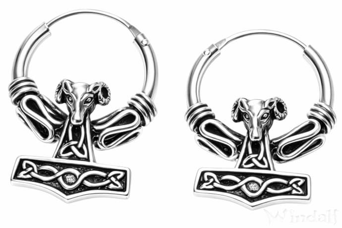 WINDALF Vikings Silbercreolen MJ&Ouml;LNAR 22 mm Kleiner Widder Thorshammer Ohrringe Silber - Windalf.de