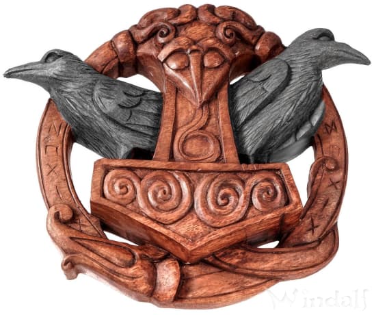 WINDALF Thorshammer Wandrelief HUGIN & MUNIN 23 cm Vikings Raben mit Runen Deko Handarbeit aus Holz - Windalf.de