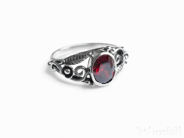 WINDALF Damen Ring AURORA 9 mm Roter Zirkonia Spiralen & Zarte Blätter Silber - Windalf.de