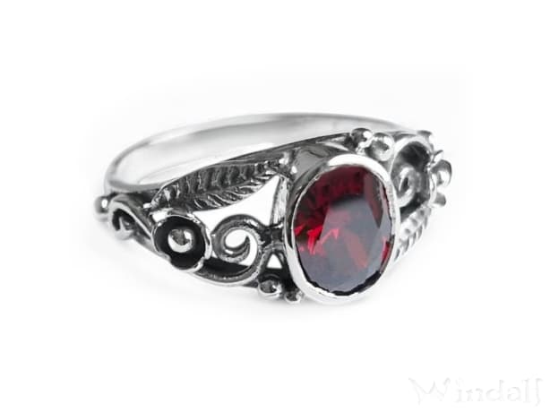 WINDALF Damen Ring AURORA 9 mm Roter Zirkonia Spiralen & Zarte Blätter Silber - Windalf.de