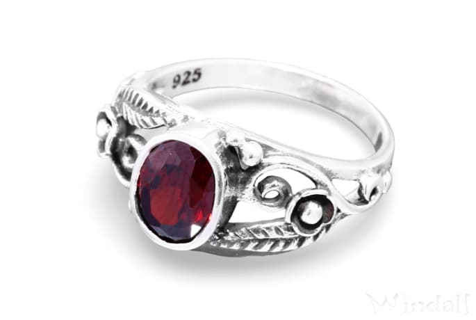 WINDALF Damen Ring AURORA 9 mm Roter Zirkonia Spiralen & Zarte Bl&auml;tter Silber - Windalf.de