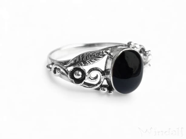 WINDALF Damen Ring AURORA 9 mm Onyx Schmuck Spiralen & Zarte Blätter Silber - Windalf.de