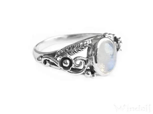 WINDALF Damen Ring AURORA 9 mm Mondstein Spiralen & Zarte Blätter Silber - Windalf.de
