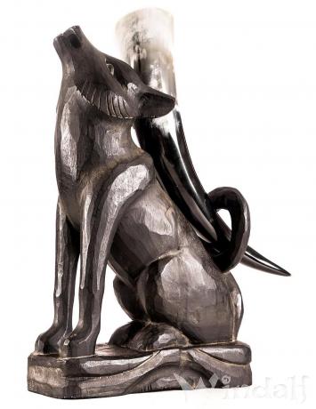 WINDALF Wikinger Trinkhornständer NYMARA 40 cm Schwarze Wolf Figur Handarbeit aus Holz - Windalf.de